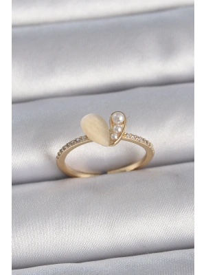 Pirinç Gümüş Renk Ayarlanabilir Zirkon Taşlı Beyaz Mineli Kalp Model Kadın Yüzük