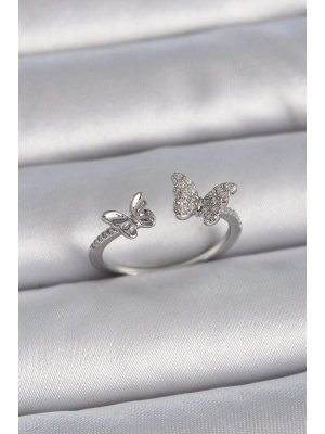 Pirinç Gümüş Renk Ayarlanabilir Zirkon Taşlı Kelebek Model Kadın Yüzük
