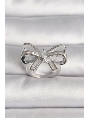 Pirinç Gümüş Renk Ayarlanabilir Zirkon Taşlı Kurdele Model Kadın Yüzük