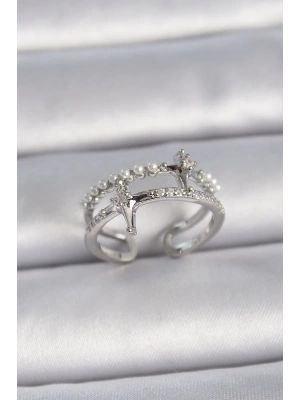 Pirinç Gümüş Renk Ayarlanabilir Zirkon Taşlı Kutup Yıldız İnci Detay Kadın Yüzük