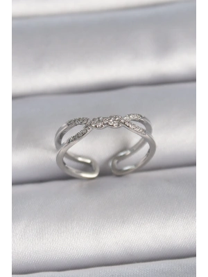 Pirinç Gümüş Renk Ayarlanabilir Zirkon Taşlı Sarmal Model Kadın Yüzük