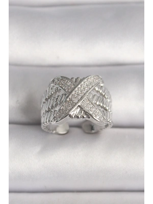 Pirinç Gümüş Renk Ayarlanabilir Zirkon Taşlı X Model Kadın Yüzük