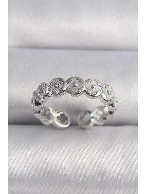 Pirinç Gümüş Renk Beyaz Sedefli Yonca Model Kadın Yüzük