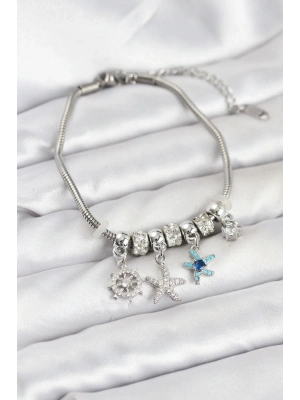 Pirinç Gümüş Renk Deniz Tema Charmlı Kadın Bileklik