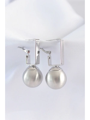 Pirinç Gümüş Renk Dikdörtgen Detay Oval Küpe