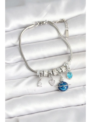 Pirinç Gümüş Renk Dünya Charmlı Kadın Bileklik