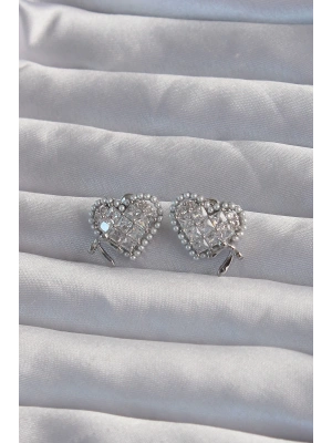 Pirinç Gümüş Renk Fiyonk Detay İncili Zirkon Taşlı Kalp Küpe