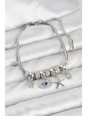 Pirinç Gümüş Renk Göz Model Charmlı Kadın Bileklik