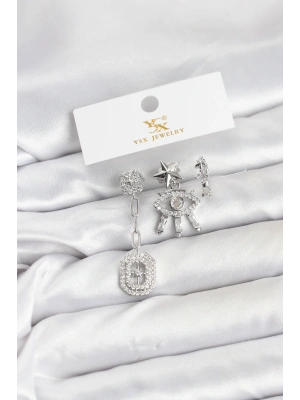 Pirinç Gümüş Renk Göz ve Kutup Yıldızı Model YSX Trio Küpe Seti