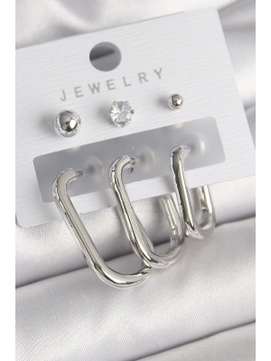 Pirinç Gümüş Renk Halka Model Zirkon Taşlı Topçuk Detay Kadın Küpe Seti