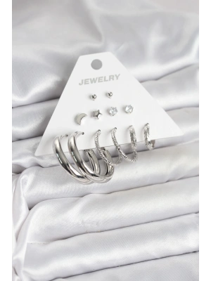 Pirinç Gümüş Renk Halka Modelli 6 Çift Kadın Küpe