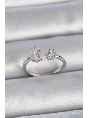 Pirinç Gümüş Renk İncili Hilal Zirkon Taşlı Yıldız Ayarlanabilir Kadın Yüzük