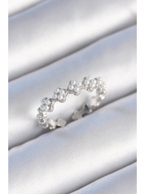 Pirinç Gümüş Renk İncili Yonca Model Kadın Yüzük