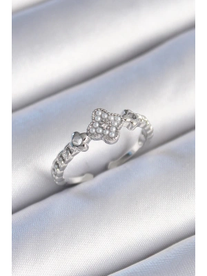 Pirinç Gümüş Renk İncili Yonca Model Zirkon Taş Detaylı Kadın Yüzük