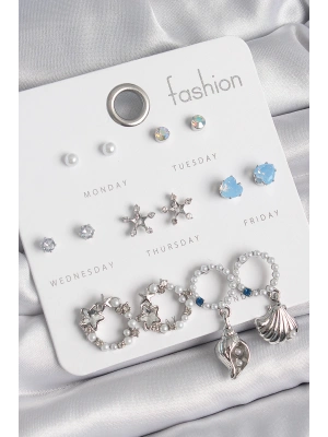 Pirinç Gümüş Renk İncli Zirkon Taşlı Halka Figür Yıldız Detay 7 Çift Kadın Küpe Seti