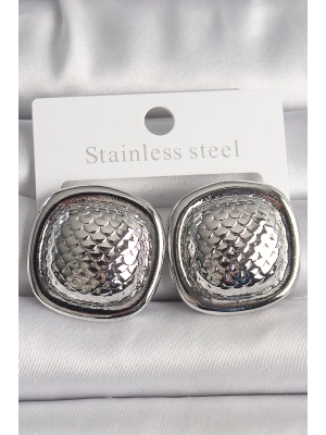 Pirinç Gümüş Renk İşlemeli Kare Model Kadın Küpe