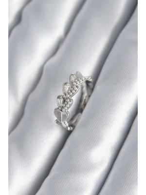 Pirinç Gümüş Renk Kalp Model İnci Detay Kadın Yüzük