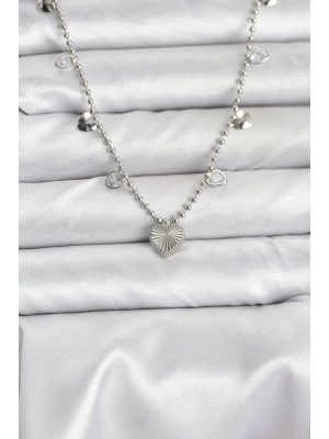Pirinç Gümüş Renk Kalp Model Kadın Kolye
