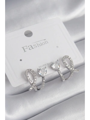 Pirinç Gümüş Renk Kalp Model Zirkon Taşlı Kadın Küpe