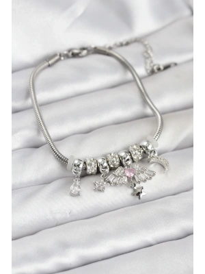 Pirinç Gümüş Renk Kanatlı Charmlı Kadın Bileklik