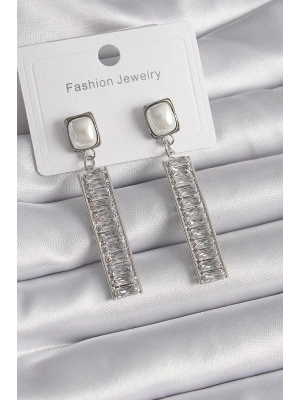 Pirinç Gümüş Renk Kare İnci Zirkon Taşlı Su Yolu Model Kadın Küpe