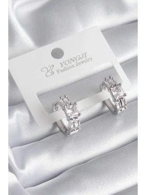 Pirinç Gümüş Renk Kare Zirkon Taşlı Kadın Küpe