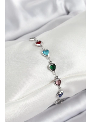 Pirinç Gümüş Renk Karışık Renk Kalp Zirkon Taşlı Kadın Bileklik