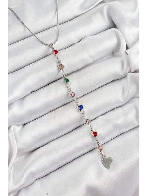 Pirinç Gümüş Renk Karışık Renk Zirkon Taşlı Kalpli Y Kadın Kolye