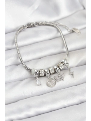 Pirinç Gümüş Renk Kelebek Charmlı Kadın Bileklik