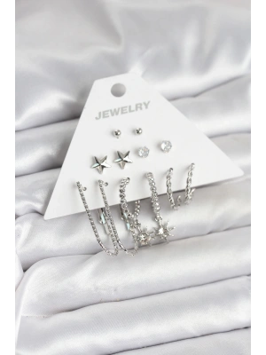 Pirinç Gümüş Renk Küpe Seti 6lı