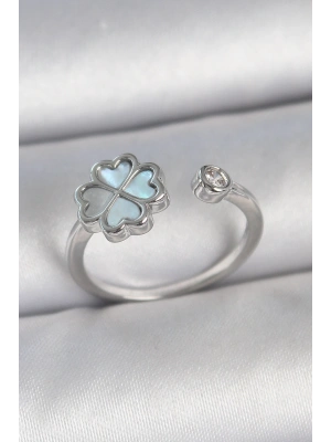 Pirinç Gümüş Renk Mavi Mineli Yonca Model Zirkon Taş Detay Ayarlanabilir Kadın Yüzük