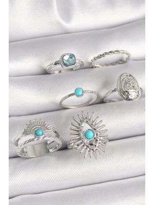 Pirinç Gümüş Renk Mavi Taşlı Kare Zirkon Taş Detaylı Kadın Yüzük Kombini