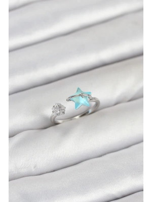 Pirinç Gümüş Renk Mavi Yıldızlı Model Kadın Yüzük