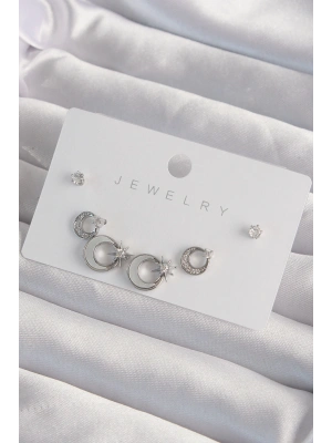 Pirinç Gümüş Renk Mineli Zirkon Taşlı Ay Yıldız Model Küpe Seti