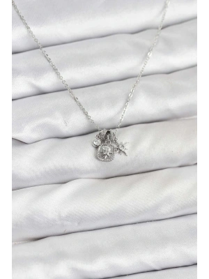 Pirinç Gümüş Renk Minimal Charmlı Kadın Kolye