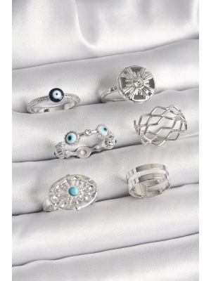 Pirinç Gümüş Renk Nazar Boncuk Zirkon Taş Detaylı Dalga Figür Kadın Yüzük Kombini