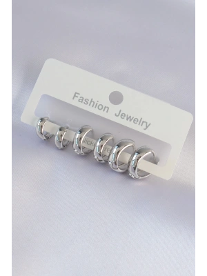 Pirinç Gümüş Renk Oval Bombeli Küpe Seti