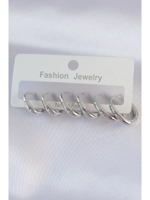 Pirinç Gümüş Renk Oval Küpe Seti