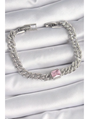 Pirinç Gümüş Renk Pembe Kare Zirkon Taşlı VIP Seri Kadın Bileklik
