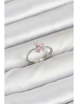 Pirinç Gümüş Renk Pembe Kelebek Kadın Yüzük