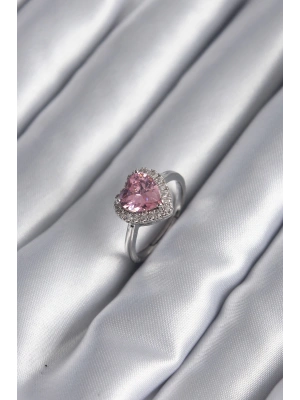 Pirinç Gümüş Renk Pembe Zirkon Taş Kalp Charm Model Kadın Yüzük