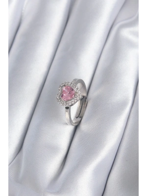 Pirinç Gümüş Renk Pembe Zirkon Taşlı Charm Model Kadın Yüzük