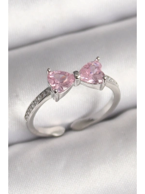 Pirinç Gümüş Renk Pembe Zirkon Taşlı Kalp Fiyonk Model Kadın Yüzük