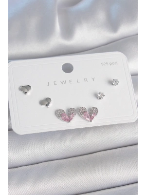 Pirinç Gümüş Renk Pembe Zirkon Taşlı Kalp Model 925 Ayar Gümüş Çivi Kadın Küpe Seti