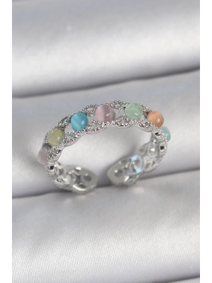Pirinç Gümüş Renk Renkli Mineli Ayarlanabilir Kadın Yüzük