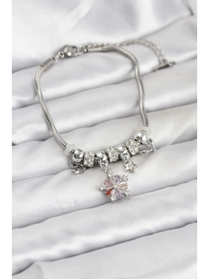 Pirinç Gümüş Renk Renkli Yıldız Charmlı Kadın Bileklik