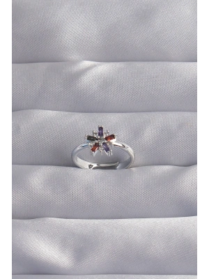 Pirinç Gümüş Renk Renkli Zirkon Taşlı Ayarlamalı Yüzük