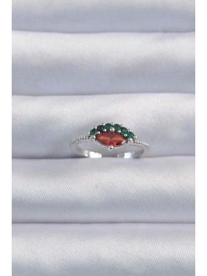 Pirinç Gümüş Renk Renkli Zirkon Taşlı Ayarlanabilir Karpuz Model Yüzük