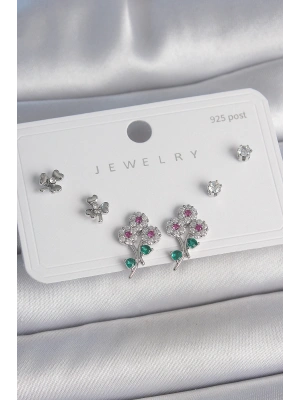 Pirinç Gümüş Renk Renkli Zirkon Taşlı Çiçek Model Yaprak Detay 925 Ayar Gümüş Çivi Kadın Küpe Seti