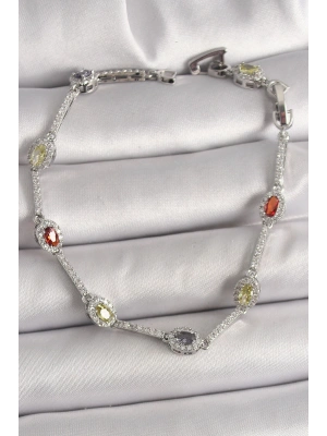 Pirinç Gümüş Renk Renkli Zirkon Taşlı Damla Taş Model Kadın Bileklik